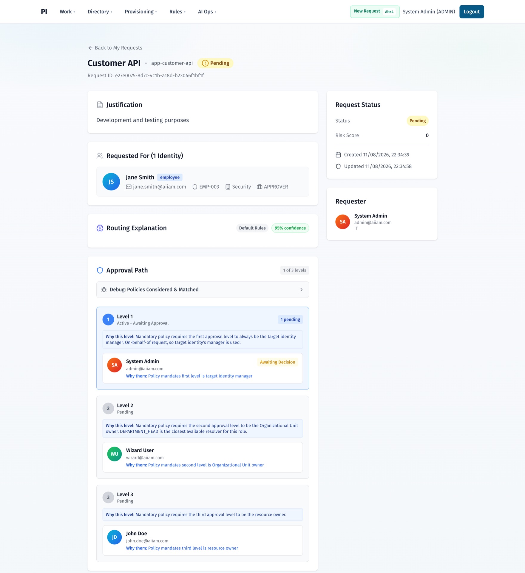 An access request for Customer API, pending. Its approval path runs three levels, each quoting the policy that produced it - first the target identity's manager, then the Organizational Unit owner, then the resource owner - with the named approver on each level and a 95% confidence routing explanation.